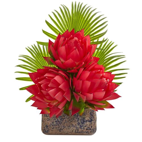 25" Musella and Fan Palm Artificial Arrangement in Vintage Vase