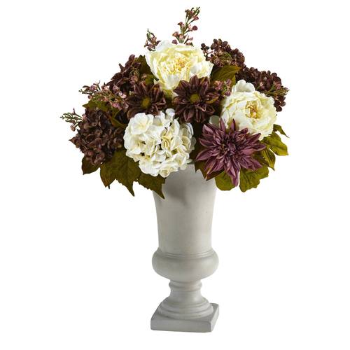 27" Peony, Hydrangea and Dahlia Artificial Arrangement in Sand Colored Urn