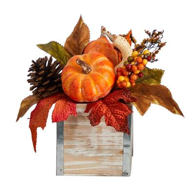 8" Fall Pumpkin, Gourd, Berries and Pinecones Artificial Autumn Arrangement in Natural Washed Vase
