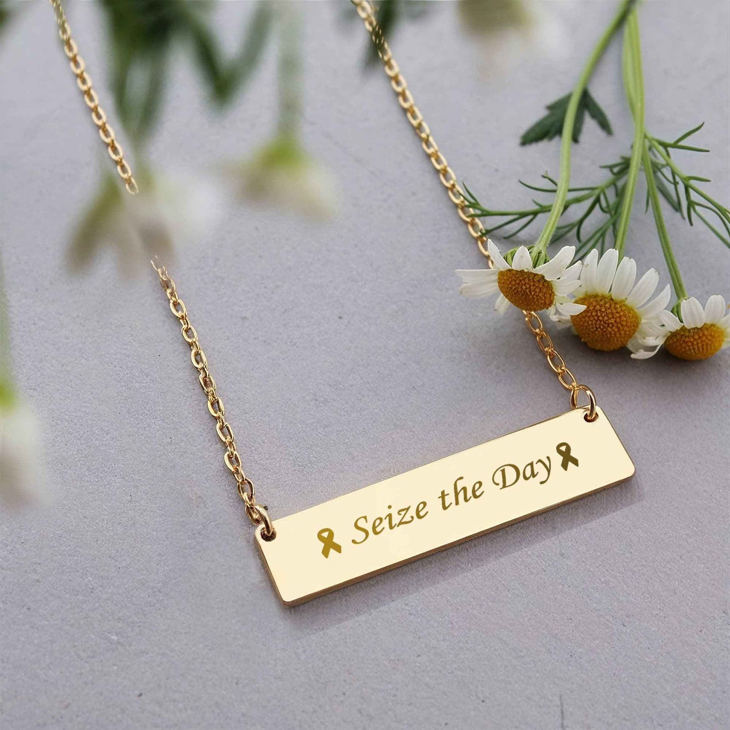 Seize the Day Engraved Horizontal Bar Necklace
