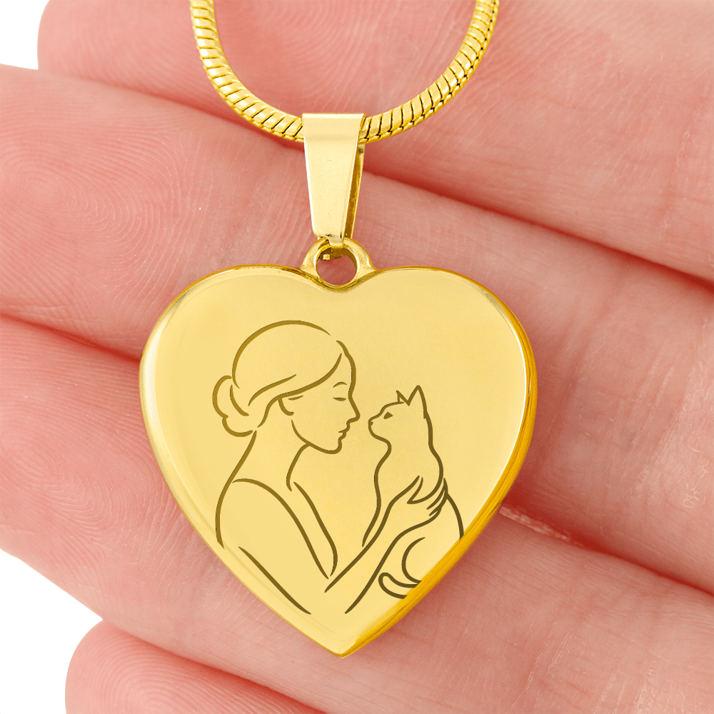 Cat Lady Heart Necklace β Engraved Line-Art Pendant