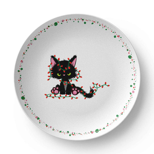 Christmas Cat Tangled in Lights Plate – 10" USA-Made Holiday Dinnerware
