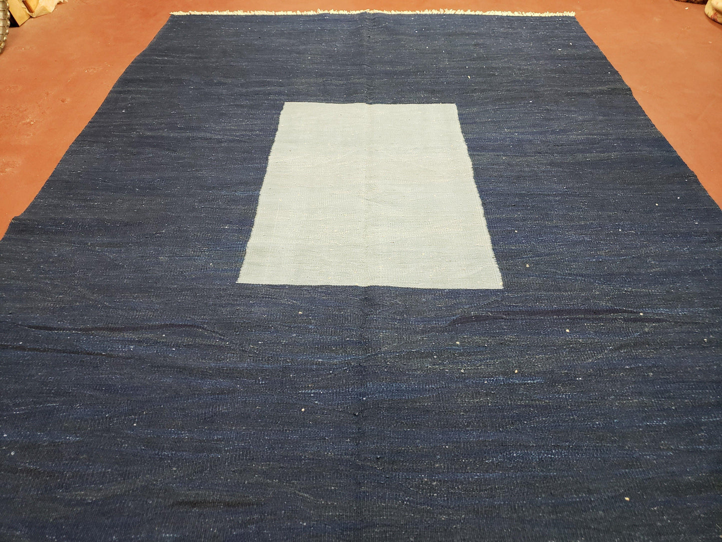 Large Blue Turkish Kilim Rug 7x10, Handmade, Wool