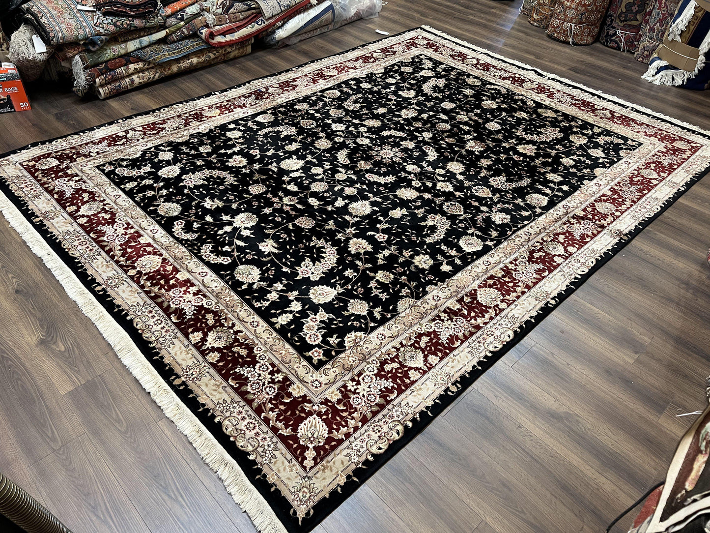 Sino Persian Rug 9x12, High Quality Oriental Carpet, Black and Maroon, Wool and Silk, Allover Floral Pattern, Hand Knotted, Vintage Rug Nice
