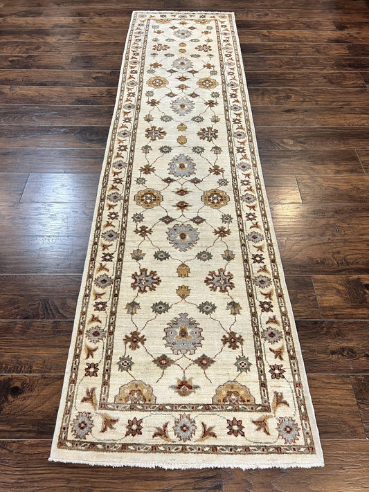 Peshawar Runner 2.7 x 10, Beige Floral Hand Knotted Vintage Wool Oriental Runner, Hallway Rug, Farmhouse Rug, Neutral Colors