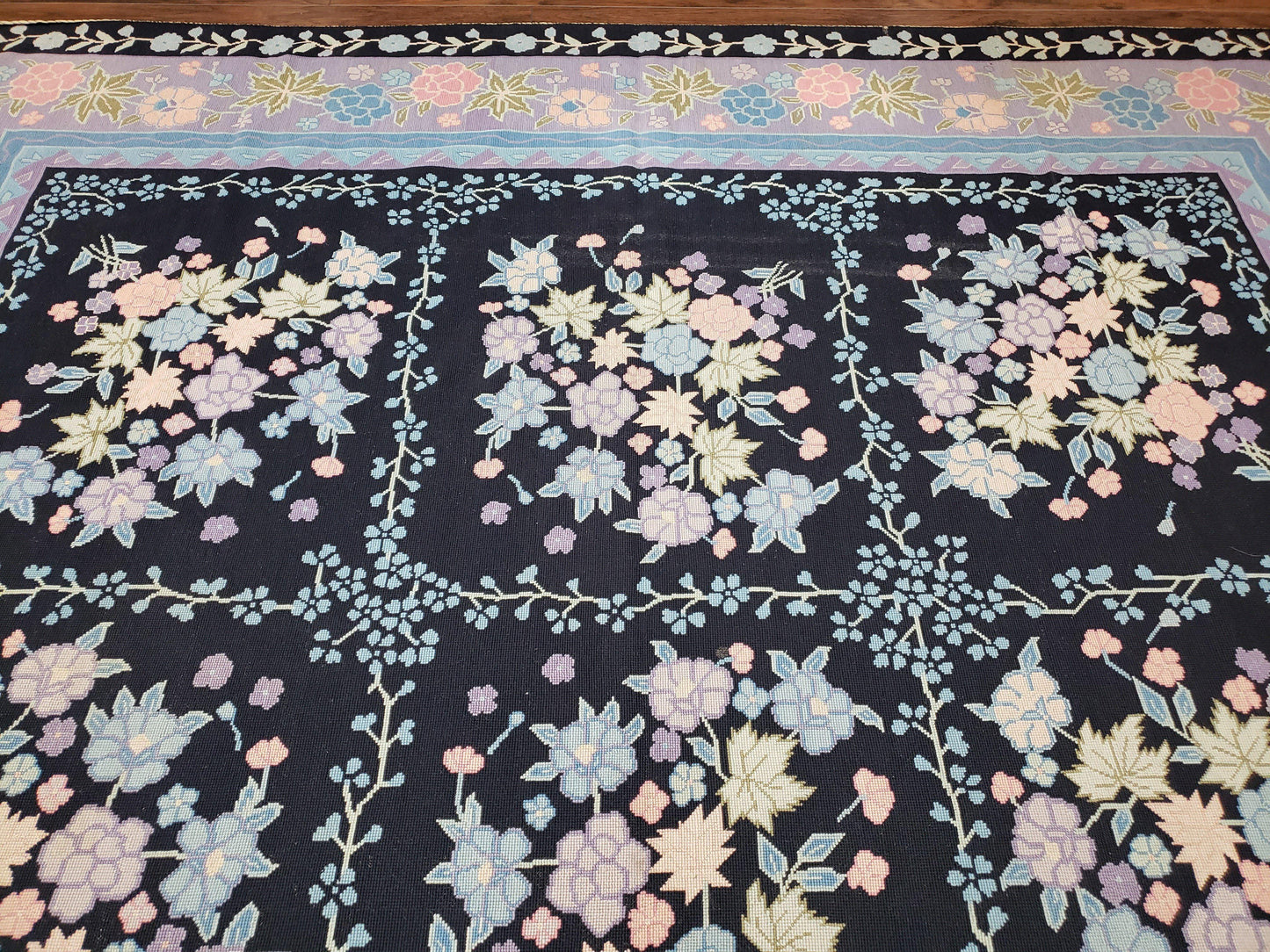 Chinese Needlepoint Rug 8 x 11.4, Hand-Woven Area Carpet, Flatweave Rug, Black Blue Light Violet Floral Garden European Design Wool Aubusson