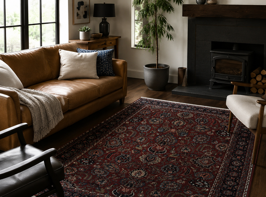 Indo Persian Rug 5x7, Vintage Traditional Floral Carpet, Burgundy and Navy Blue