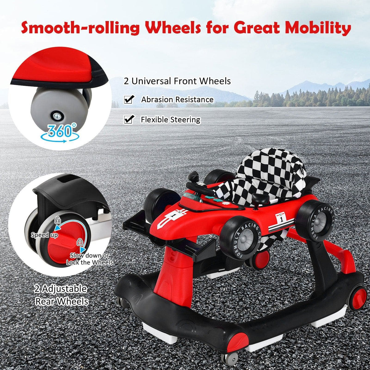 4-in-1 Foldable Activity Push Walker with Adjustable Height-Red