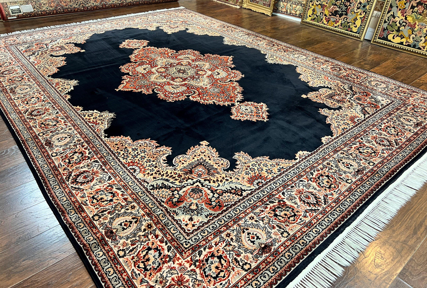 Karastan Rug 10x13, Karastan Ebony Kirman Rug, Room SIzed Wool Pile Vintage Karastan Carpet, Belgium Power Loomed Rug, Black Semi Open Field