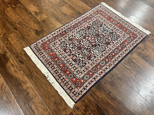 Pak Persian Rug 3x4, Wool Hand Knotted Vintage Traditional Carpet, Navy Blue & Red, Very Fine Small Handmade Floral Rug