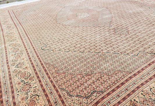 Stunning Oversized Pak Persian Oriental Rug 12x15, Hand Knotted Wool & Silk Palace Sized Carpet, Mahi Pattern, Very Fine, Peach Beige, Wow
