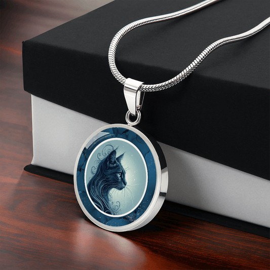 Blue Cat Pendant Necklace with Gold Accents
