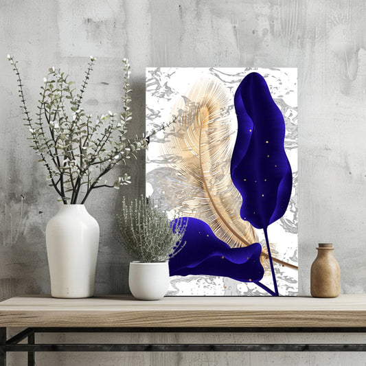 Navy Blue Leaf Design Aluminum Wall Art Print, 16x11 Inches