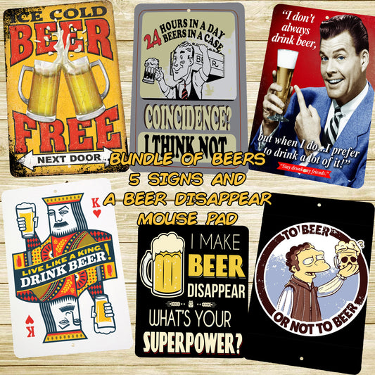 Bundle of Beers 5 Humorous 8x12 Metal Wall Bar Signs and Mouse Pad