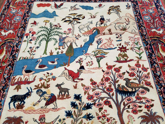 Antique Persian Isfahan Rug 5x7, Animal and Human Pictorials, Hand Knotted Fine Oriental Wool Carpet, Cream and Red, High KPSI, Vintage Rug 5 x 7 ft