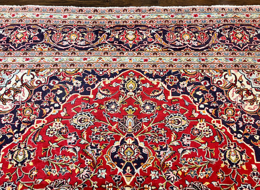 Persian Kashan Rug 10x13, Floral Medallion, Traditional Area Rug, Red Navy Blue Ivory, Handmade Semi Antique Vintage Wool Oriental Carpet 10 x 13