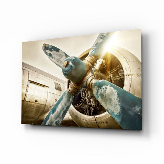 Airplane Glass Wall Art Featuring Vintage Turquoise Propeller with Amber and Chrome Accents