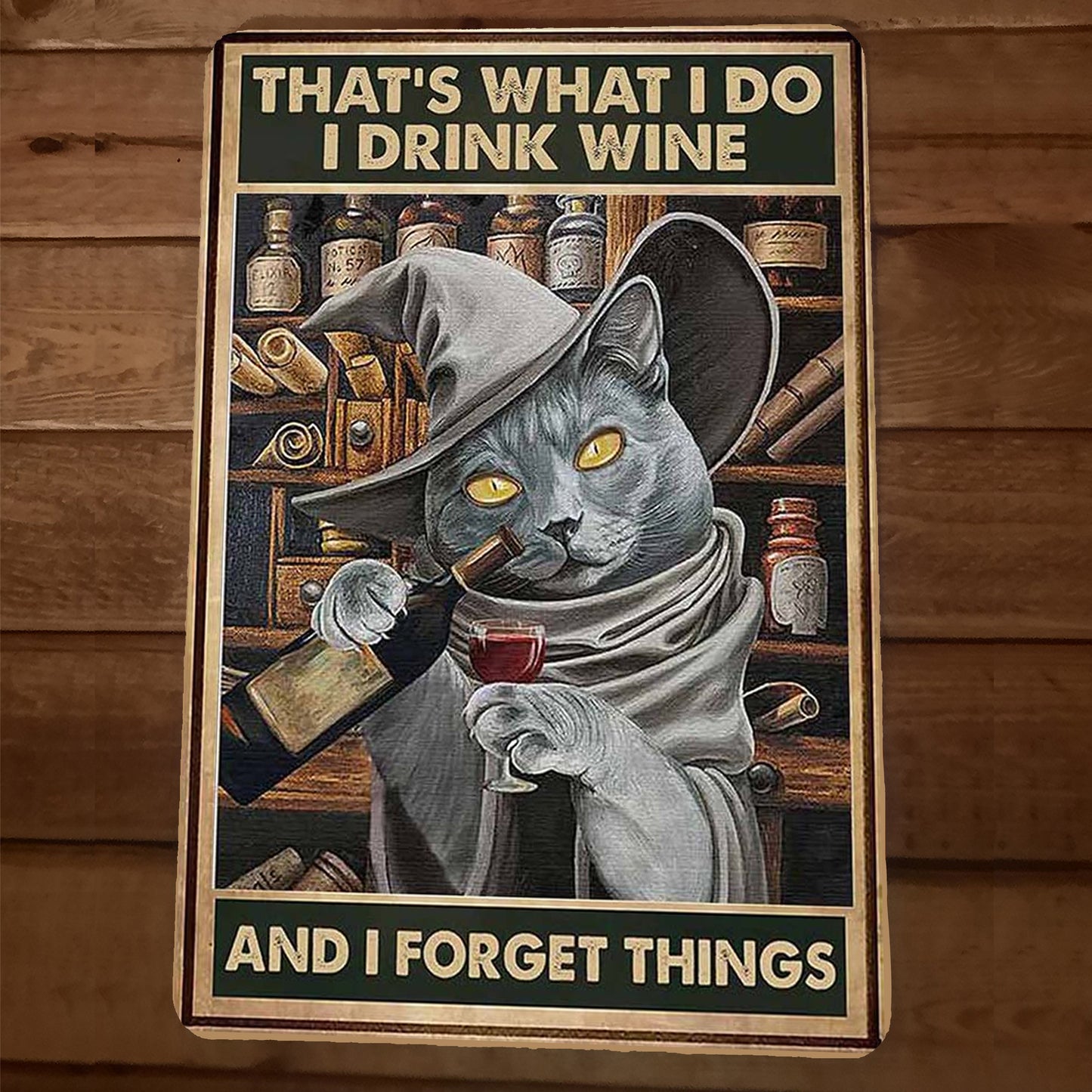 Thats What I Do I Drink Wine and I Forget Things Witch Cat 8x12 Metal Wall Sign