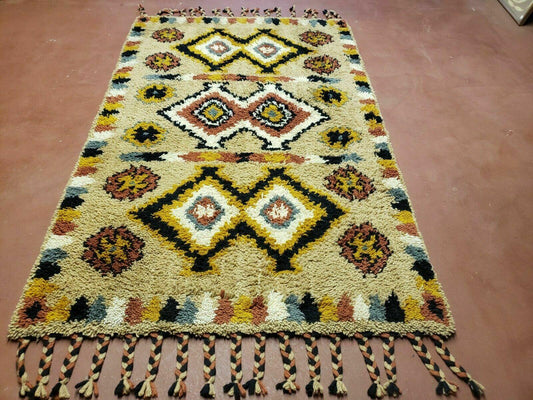 Portuguese Rya Style Shag Rug Moroccan Design, 4x6 Vintage Colorful Geometric Rug, Handmade Wool Gold Tan, Soft Pile Rug