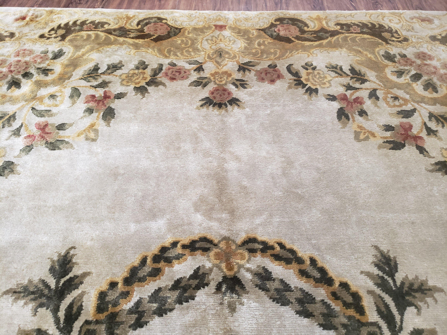 Aubusson Rug 10x14, Elegant French European Design, Vintage Handmade Carpet with Pile, Beige Floral Dining Room Rug, Living Room, Soft Wool