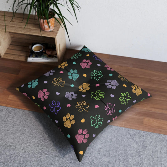 Colorful Paw Print Tufted Floor Pillow - Perfect for Pet Lovers