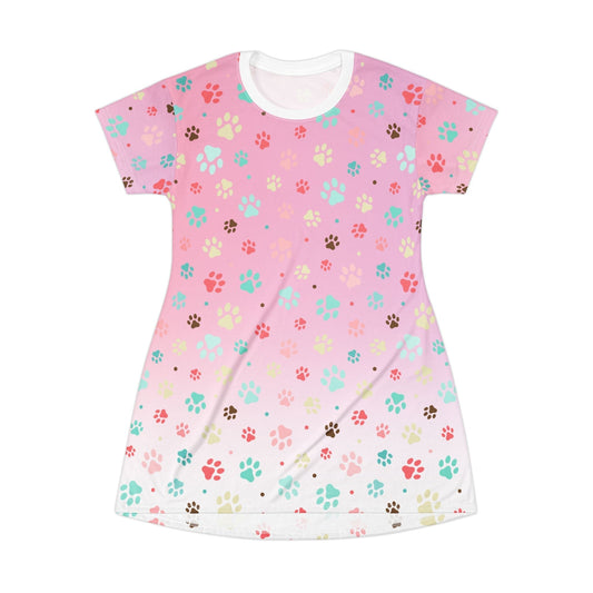 Cute Pink Paw Print T-Shirt Dress for Pet Lovers