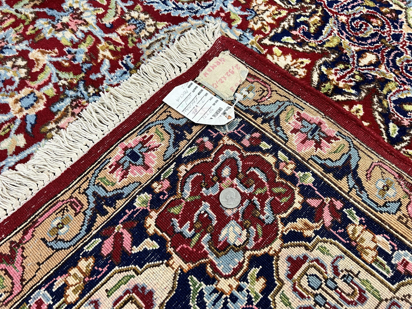Persian Kirman Rug 7x10, Hand Knotted Wool Floral Medallion Carpet, Dark Red
