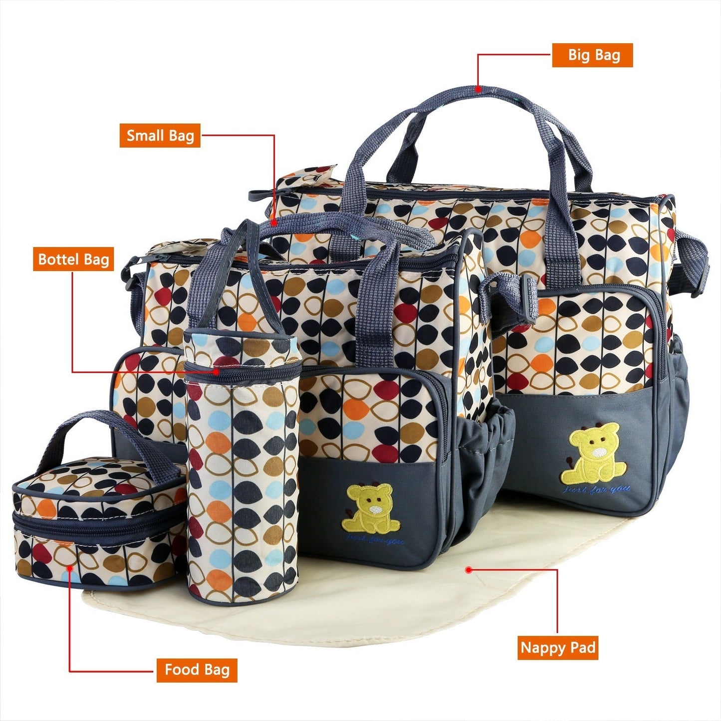 5PCS Baby Nappy Diaper Bags Set Mummy Diaper Shoulder Bags w/ Nappy Changing Pad Insulated Pockets Travel Tote Bags For Mom Dad