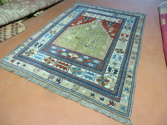 5' X 7' Vintage Handmade Turkish Wool Rug Carpet Melas Animal Human Motifs Colorful Bohemian Boho Style Home Décor