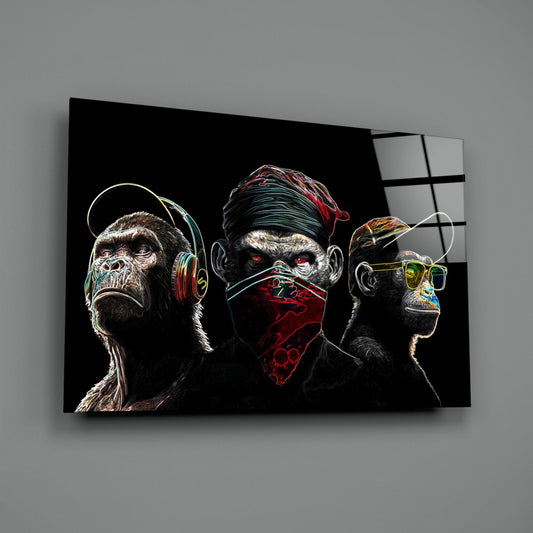 3 Wise Monkeys - Neon Lines Glass Wall Art || Designer Collection