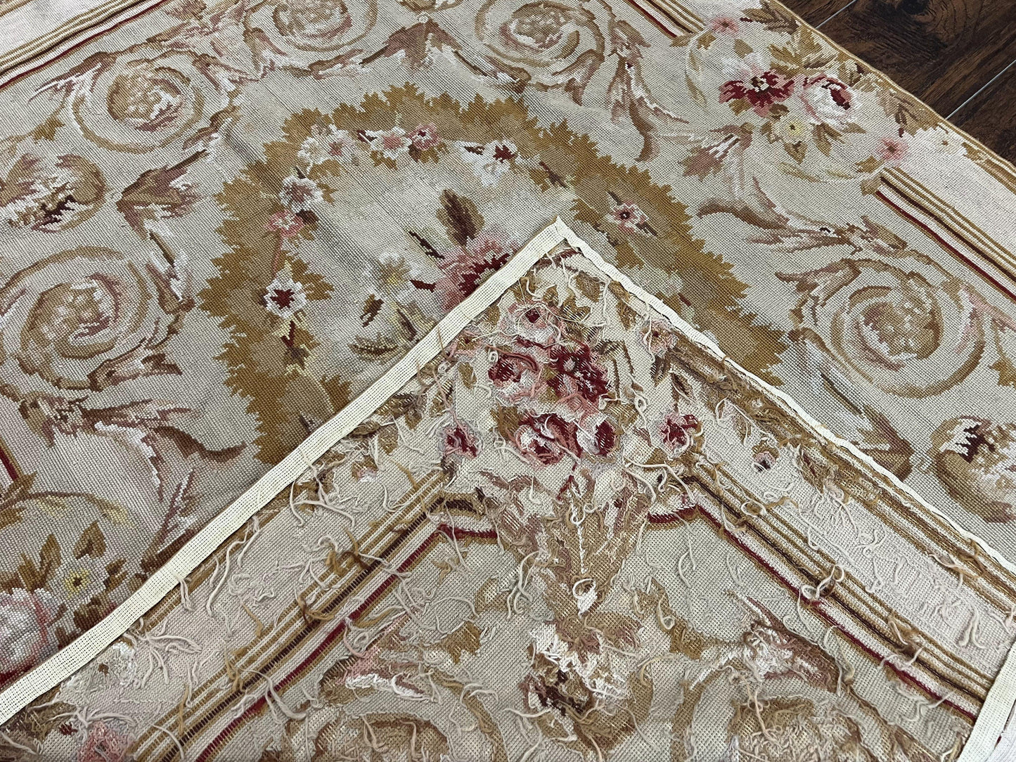 Aubusson Needlepoint Rug 4x5 ft, Beige and Tan, Aubusson Savonnerie Vintage Carpet, Handwoven Handmade Wool Rug, European Design Floral Rose