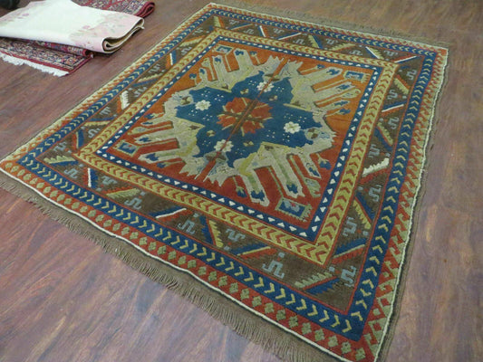 5' X 5.5' Vintage Handmade Turkish Kazak Colorful Wool Square Rug Carpet Bohemian Boho Vintage Interior Home Design