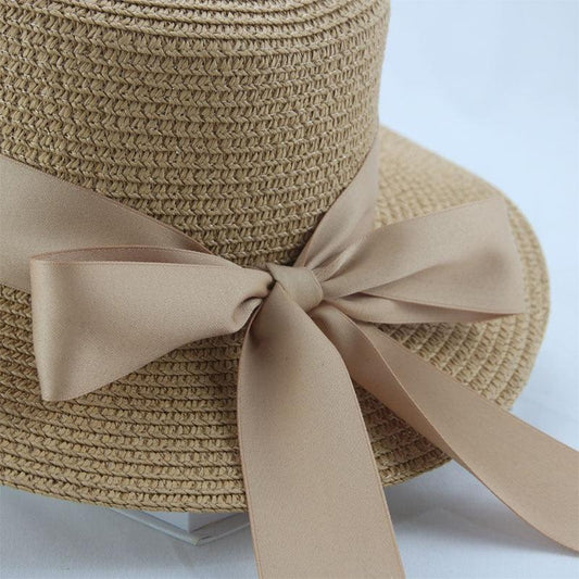 Elegant Adult Bucket Hat Beach Summer Straw Hats for Women Beach Sun Straw Hat Wide Luxury Comfortable Hat Flat Top Ribbon Bowknot Elegant Luxury Women Summer Hat 56-58cm