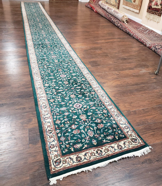 Extra Long Runner Rug 24 ft, Skinny & Long Rug for Hallway Corridor 2.6 x 24 Indo Persian Vintage Wool Rug Green and Cream Handmade Oriental