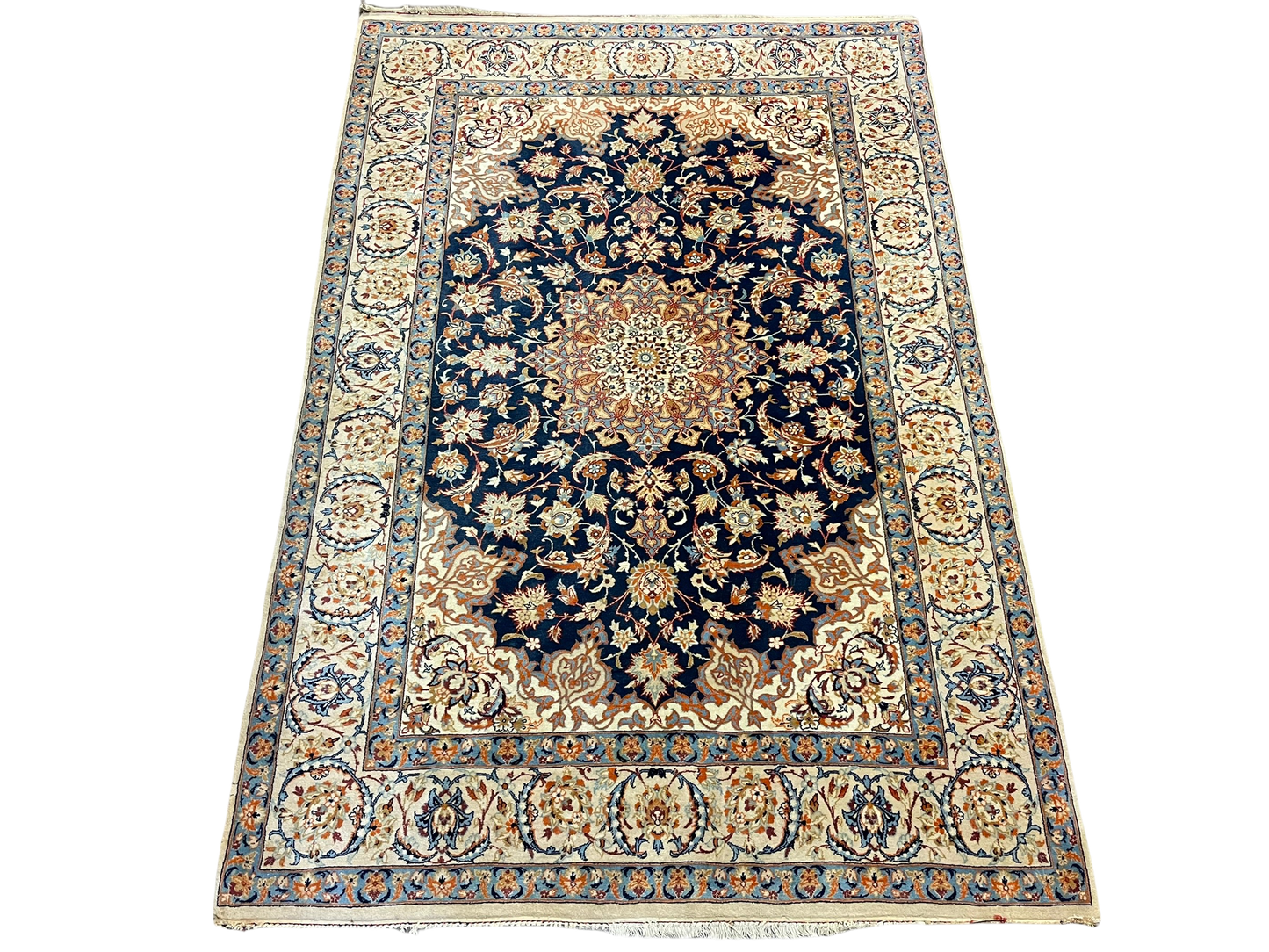 Persian Isfahan Rug 4x5, Navy Blue & Ivory, Wool and Silk Highlights
