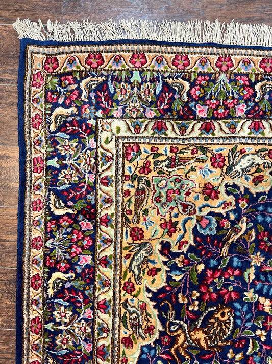 Persian Kirman Rug 6x9, Floral Medallion Vintage Wool Handmade Carpet 6 x 9, Animal Pictorials Birds, Semi Antique, Navy Blue, Millefleur