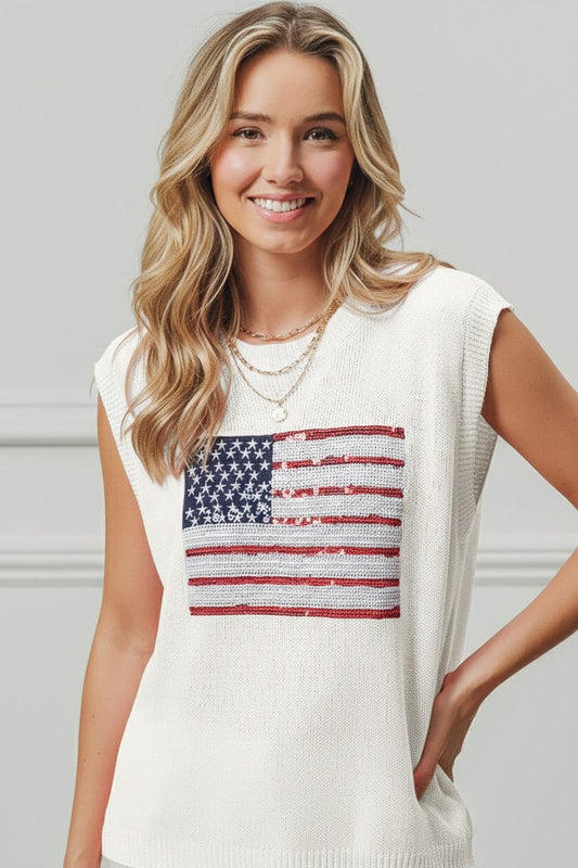 American Flag Sequins Patch Knit Top