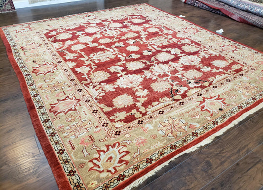 Peshawar Rug 9.5 x 10.8, Almost Square Size, Red and Beige Chobi Sultanabad Rug, Shah Abbas Flowers, Wool Handmade, Vintage Oriental Carpet