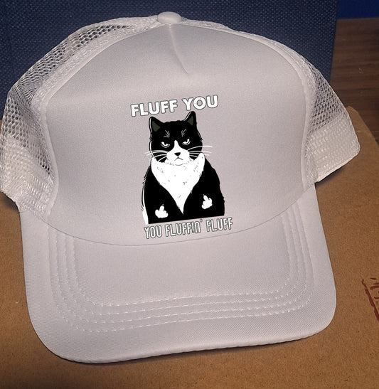 Adjustable Trucker Baseball Cap with 'Fluff You You Fluffin Fluff' Tuxedo Cat Design