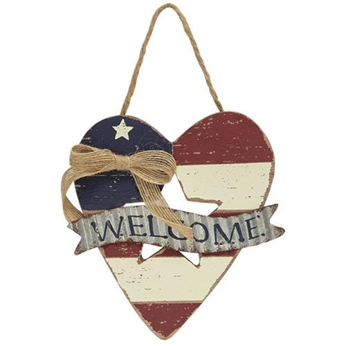 Wooden Heart Flag Welcome Ornament (Pack of 4)