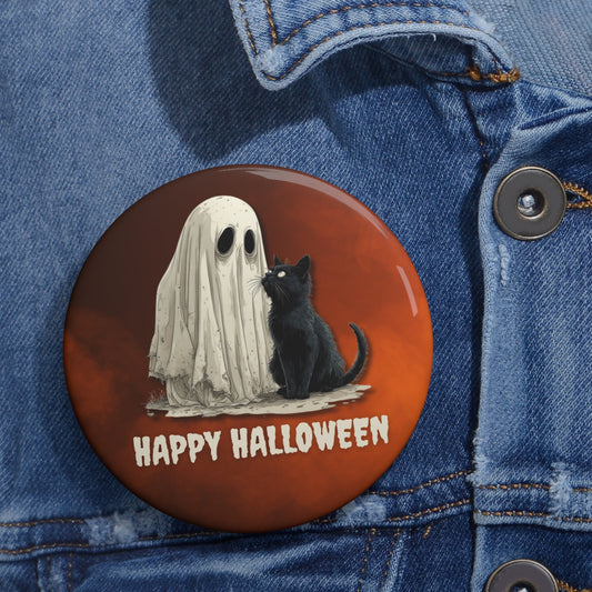 Happy Halloween Ghost & Cat Pinback Buttons
