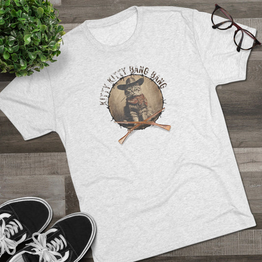 Wild Kitty Bang Bang Tri-Blend Tee – Funny Cowboy Cat Shirt