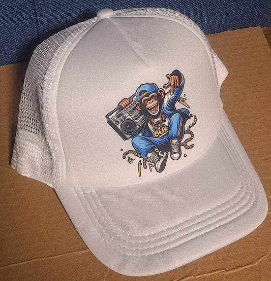 Adjustable Trucker Baseball Cap Featuring a Radical 80s Monkey with Boombox Design