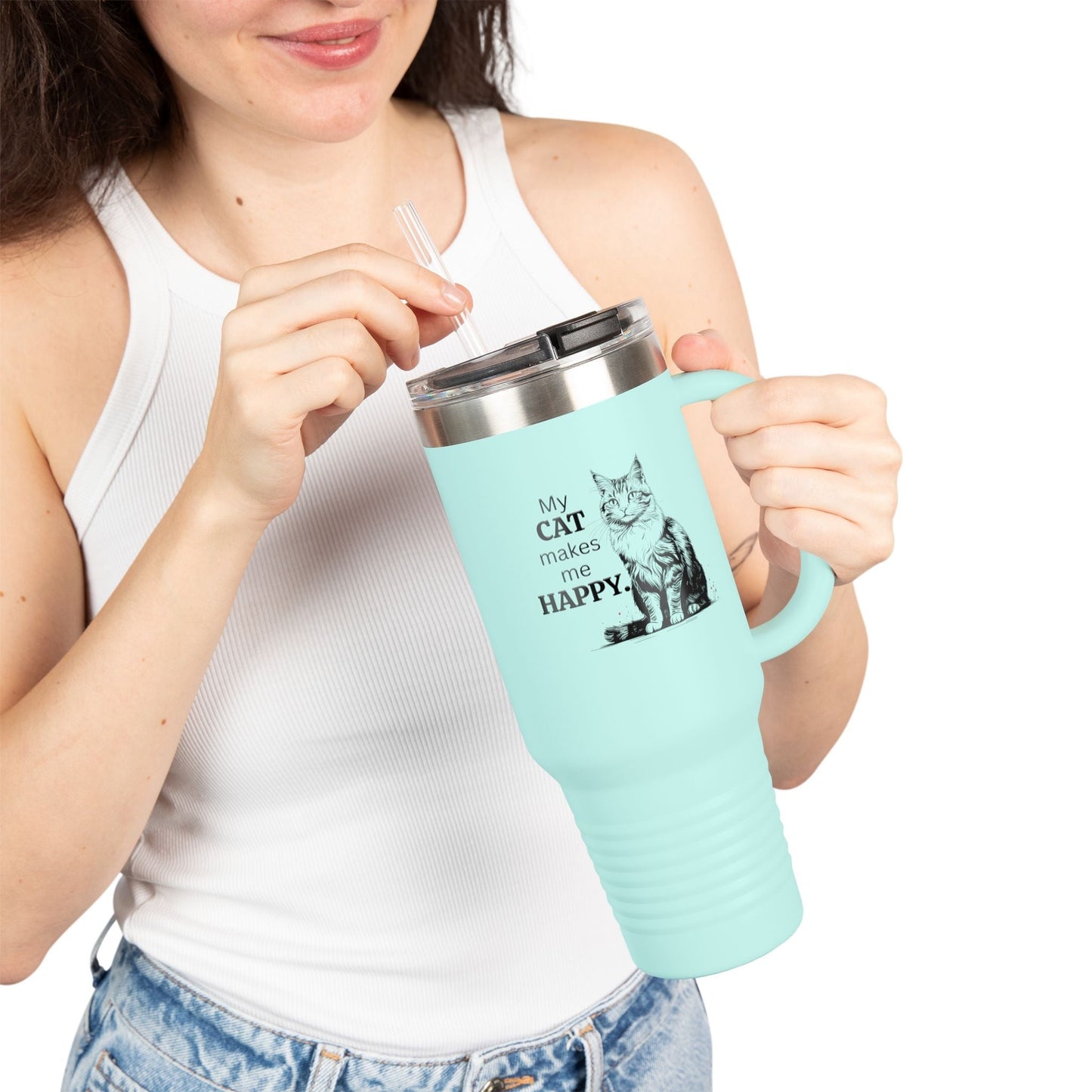 Cat Makes Me Happy Insulated Mug, 40oz