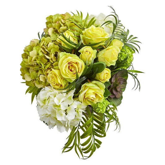 Roses and Hydrangea Artificial Arrangement in Metal Planter