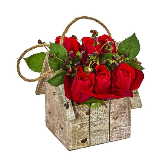 Elegant Rose Artificial Arrangement in Birdhouse Hanging Planter