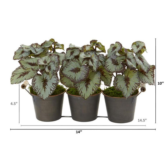 10" Begonia Artificial Plant in Triple Potted Metal Planter