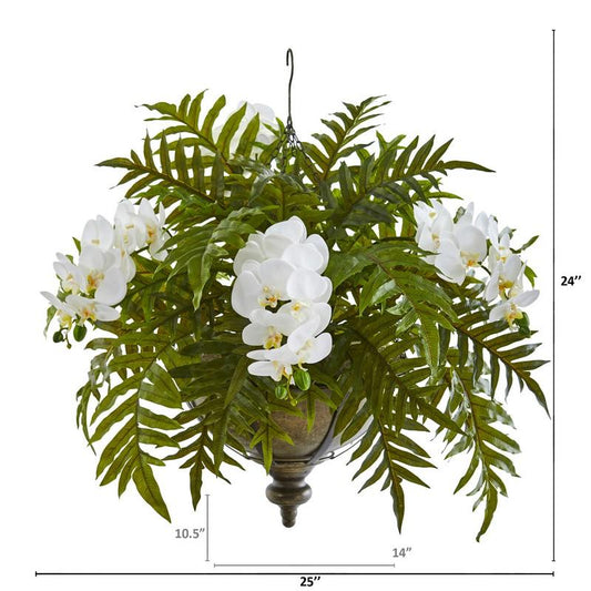 Phalaenopsis Orchid and Fern Artificial Plant in Metal Hanging Bowl