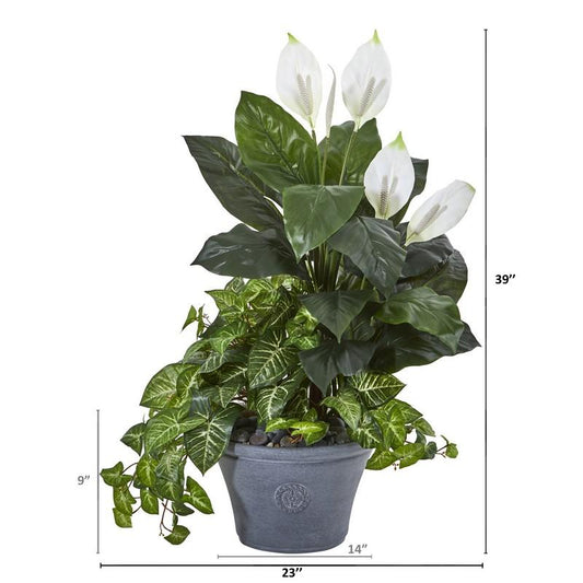 39" Spathifyllum and Nepthytis Artificial Plant in Gray Planter