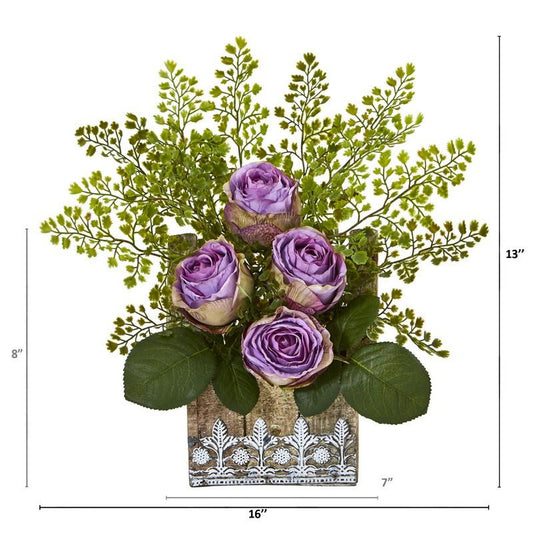 13" Rose and Maiden Hair Artificial Arrangement in Hanging Floral Design House Planter